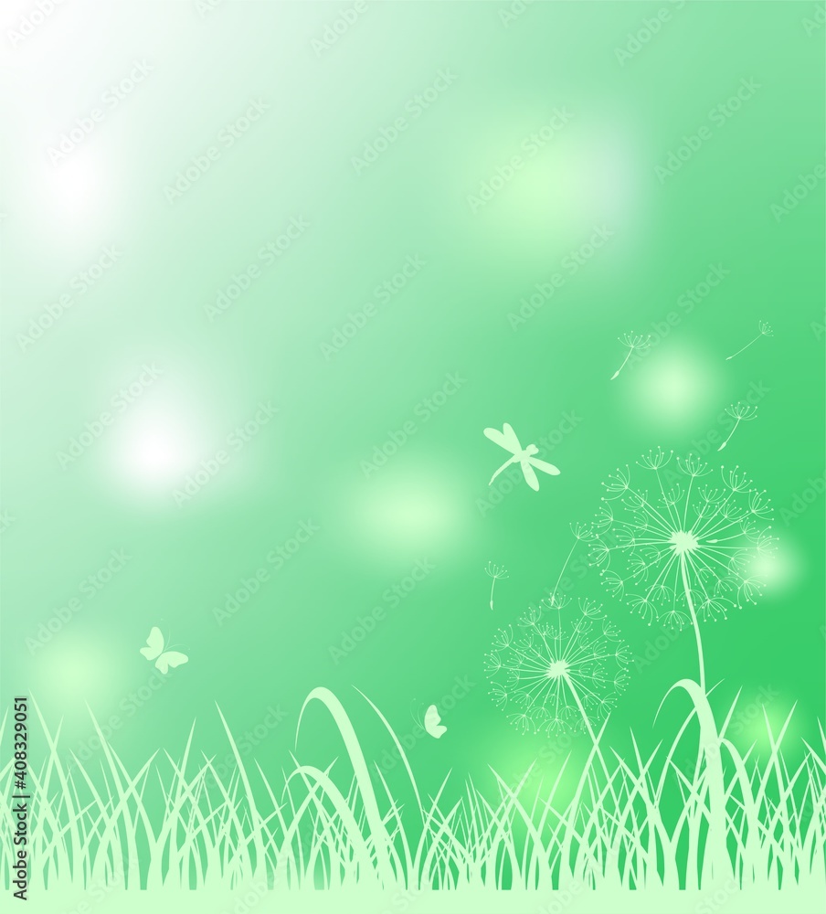 Obraz premium Spring light green background for Easter greeting card, social media, web banner, sale labels and discount promo with grass, dandelions, butterflies and dragonfly