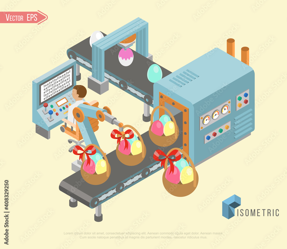 Conveyor system in flat design with Easter eggs in. Vector illustration Conveyor system in flat design with Easter eggs in. Vector illustration