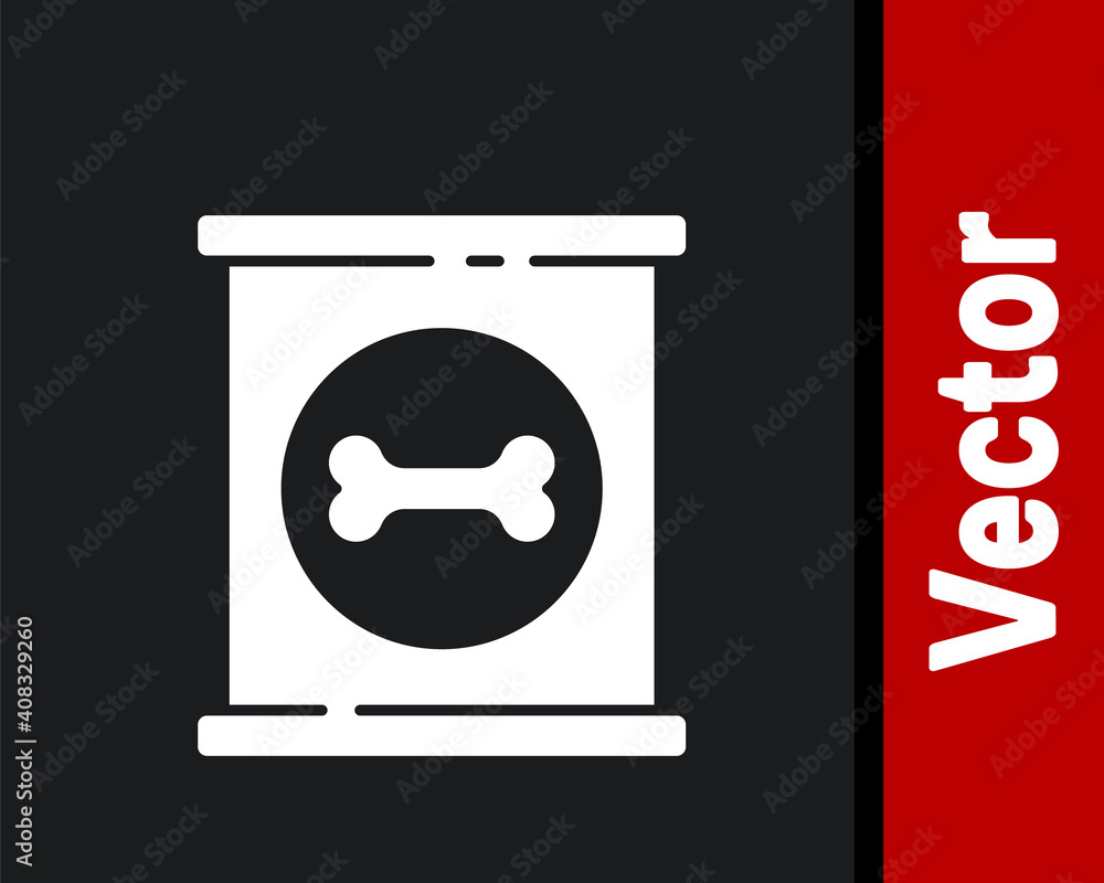 White Canned food icon isolated on black background. Food for animals. Pet food can. Dog bone sign. Vector. White Canned food icon isolated on black background. Food for animals. Pet food can. Dog bone sign. Vector.