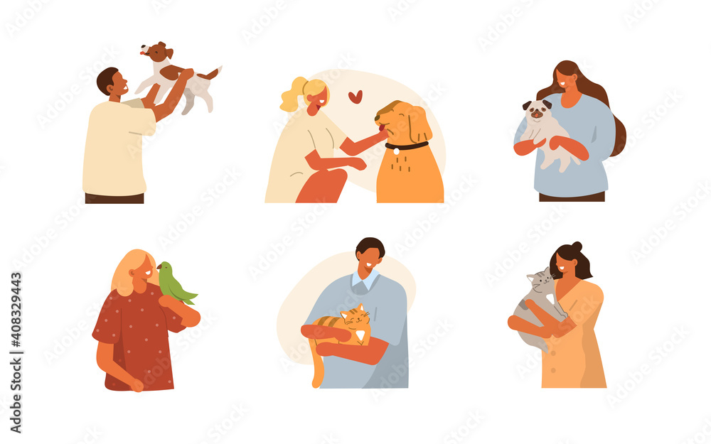 People Characters Playing, Relaxing and Spending Time with Pets. Women and Men Taking Care of Dogs, Cats and Bird. Pet Sitters and Animal Lovers Concept.  Flat Cartoon Vector Illustration.