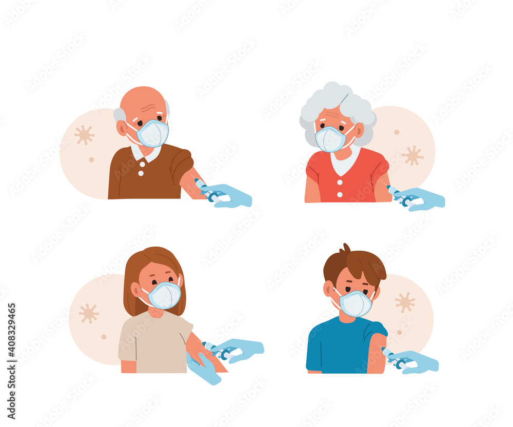 Cute Elderly and Young Characters Receiving Vaccine Injection against Coronavirus. Different Ages People Vaccination. Prevention against Virus and Infection. Flat Cartoon Vector Illustration. Cute Elderly and Young Characters Receiving Vaccine Injection against Coronavirus. Different Ages People Vaccination. Prevention against Virus and Infection. Flat Cartoon Vector Illustration.