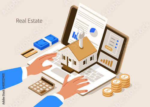 Character Buying new Home with Mortgage Approval Documents on Screen. People Invest Money in Real Estate Property. House Loan, Rent and Mortgage Concept. Flat Isometric Vector Illustration. 