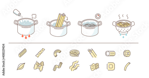 Instruction How to Prepare and Cook Pasta. Cooking Direction for Spaghetti and Variety Italian Pasta and Noodles Symbols. Flat Line Vector Illustration and Icons set.