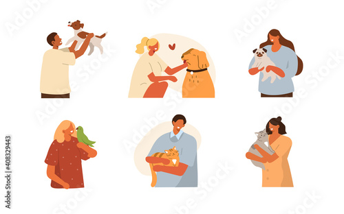 People Characters Playing, Relaxing and Spending Time with Pets. Women and Men Taking Care of Dogs, Cats and Bird. Pet Sitters and Animal Lovers Concept.  Flat Cartoon Vector Illustration.
