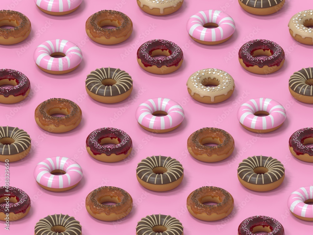 Creative pattern of colorful donuts on a pink background. Minimal food concept. 3d render. Creative pattern of colorful donuts on a pink background. Minimal food concept. 3d render.