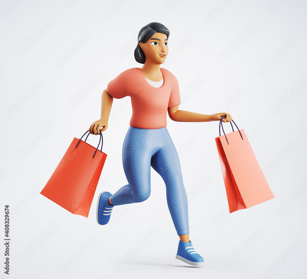 3d character happy and excited woman running with shopping bags 3d character happy and excited woman running with shopping bags