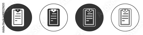 Black Clipboard with checklist icon isolated on white background. Control list symbol. Survey poll or questionnaire feedback form. Circle button. Vector.