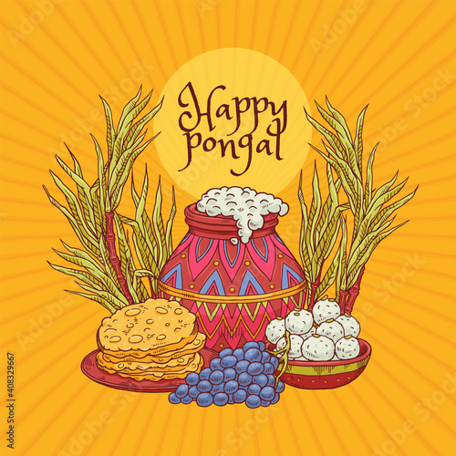 Vector greeting card design for pongal harvest indian holiday.