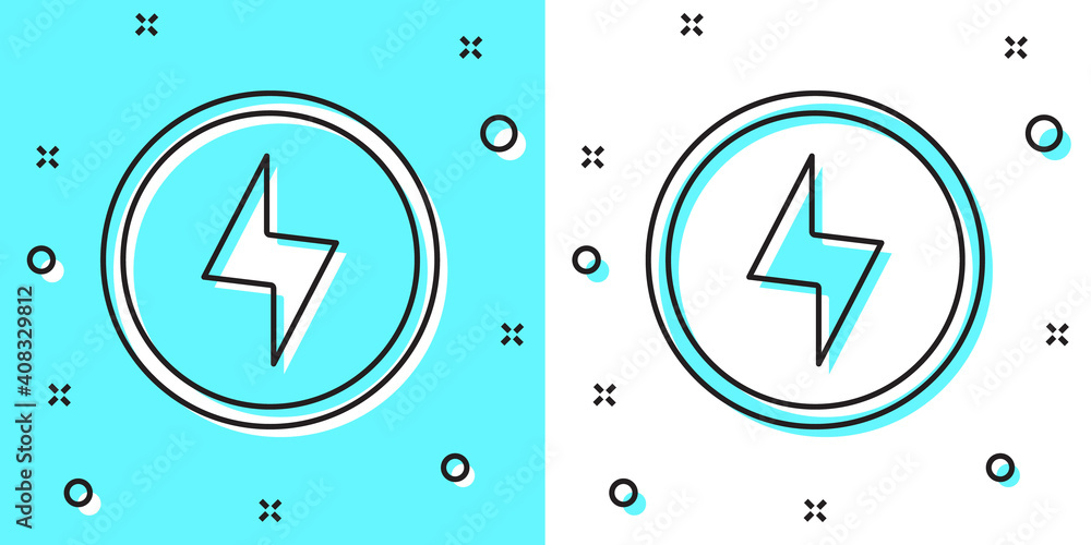 Black line Lightning bolt icon isolated on green and white background. Flash sign. Charge flash icon. Thunder bolt. Lighting strike. Random dynamic shapes. Vector. Black line Lightning bolt icon isolated on green and white background. Flash sign. Charge flash icon. Thunder bolt. Lighting strike. Random dynamic shapes. Vector.