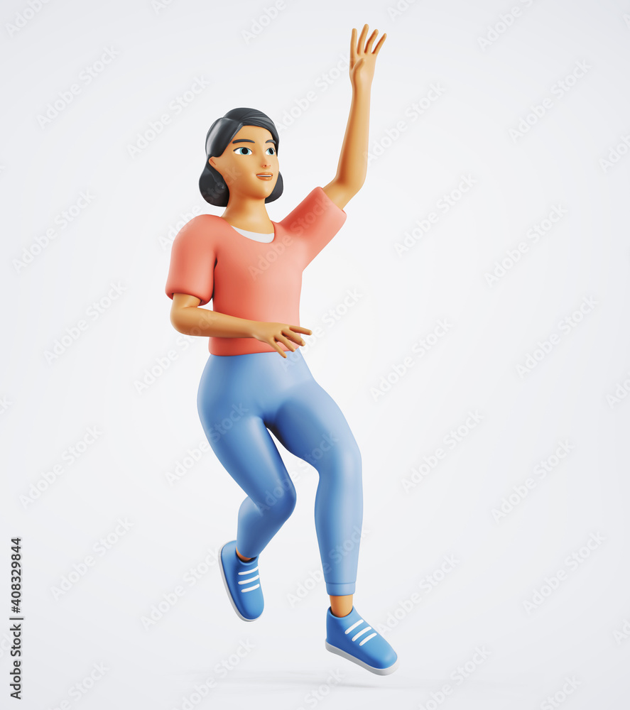 3d character happy and excited woman waves her hand in excitement 3d character happy and excited woman waves her hand in excitement