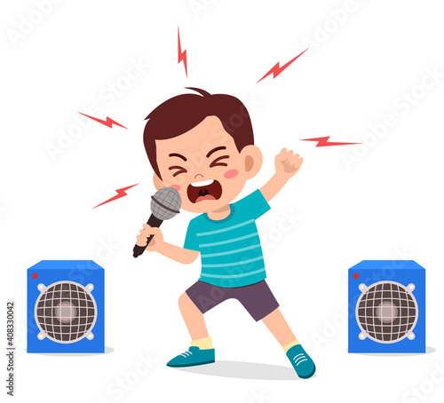 little boy sing a song on stage and screaming