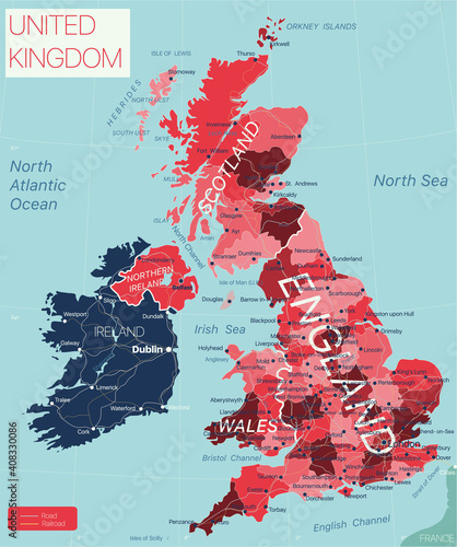 United Kingdom country detailed editable map with regions cities and towns, roads and railways, geographic sites. Vector EPS-10 file