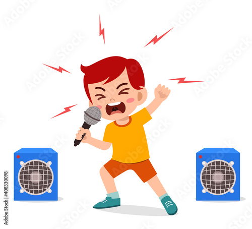 little boy sing a song on stage and screaming