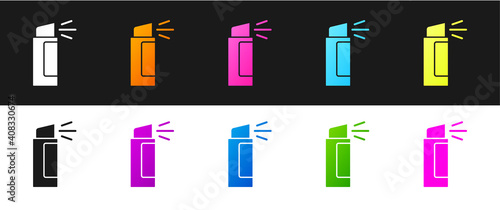 Set Pepper spray icon isolated on black and white background. OC gas. Capsicum self defense aerosol. Vector.