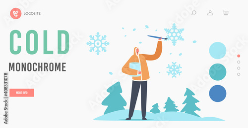 Graphic Design, Typography Service Landing Page Template. Designer Artist Male Character Painting Snowflakes