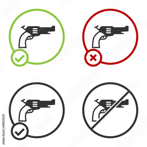 Black Revolver gun icon isolated on white background. Circle button. Vector.