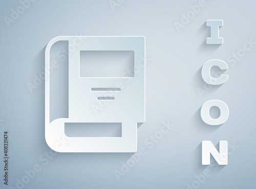 Paper cut History book icon isolated on grey background. Paper art style. Vector.