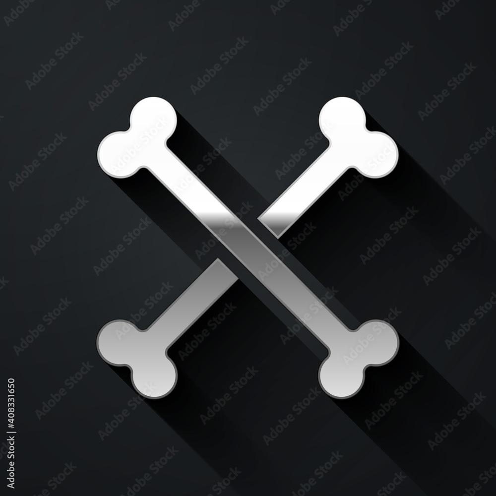 Silver Crossed human bones icon isolated on black background. Long shadow style. Vector. Silver Crossed human bones icon isolated on black background. Long shadow style. Vector.