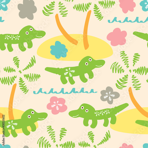 Africa. Kids seamless pattern. Funny cartoon crocodiles. 