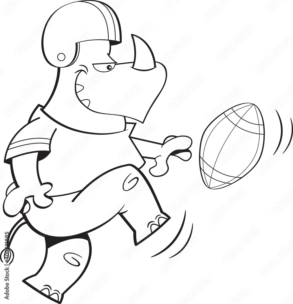 Fototapeta premium Black and white illustration of a rhinoceros wearing a football uniform kicking a football.