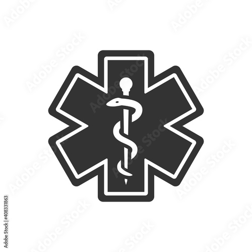 First aid, medical emergency vector symbol. Rod of asclepius or aesculapius with snake, ems icon.