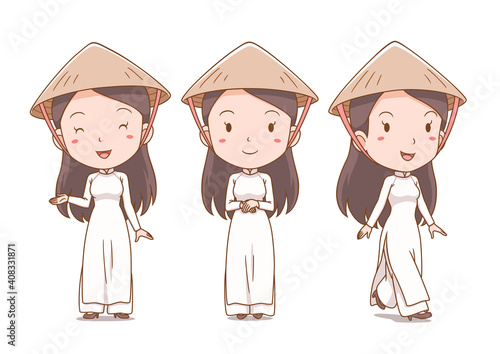 Set of cartoon Vietnamese girl in traditional costume.