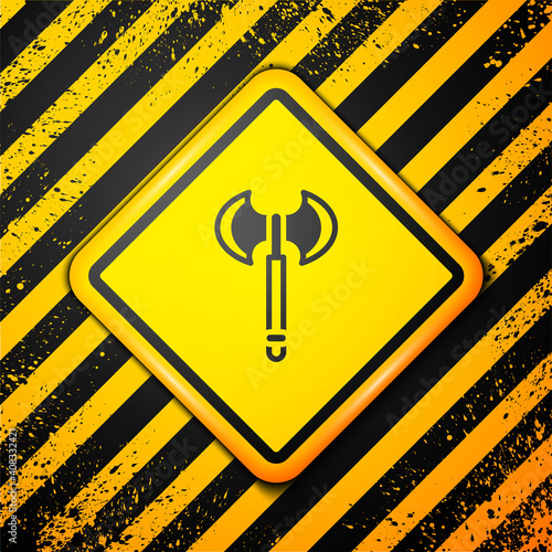 Black Medieval axe icon isolated on yellow background. Battle axe, executioner axe. Medieval weapon. Warning sign. Vector.