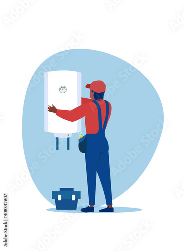 Vector of a professional plumber man installing a water heater