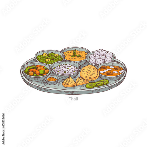 Tray with several different dishes - indian thali a vector sketch illustration