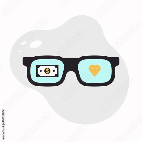 eye glass with money and diamond gem icon design vector illustration