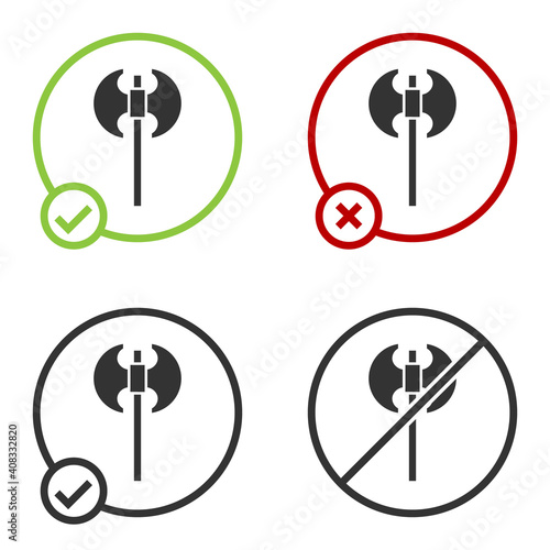 Black Medieval axe icon isolated on white background. Battle axe, executioner axe. Medieval weapon. Circle button. Vector.