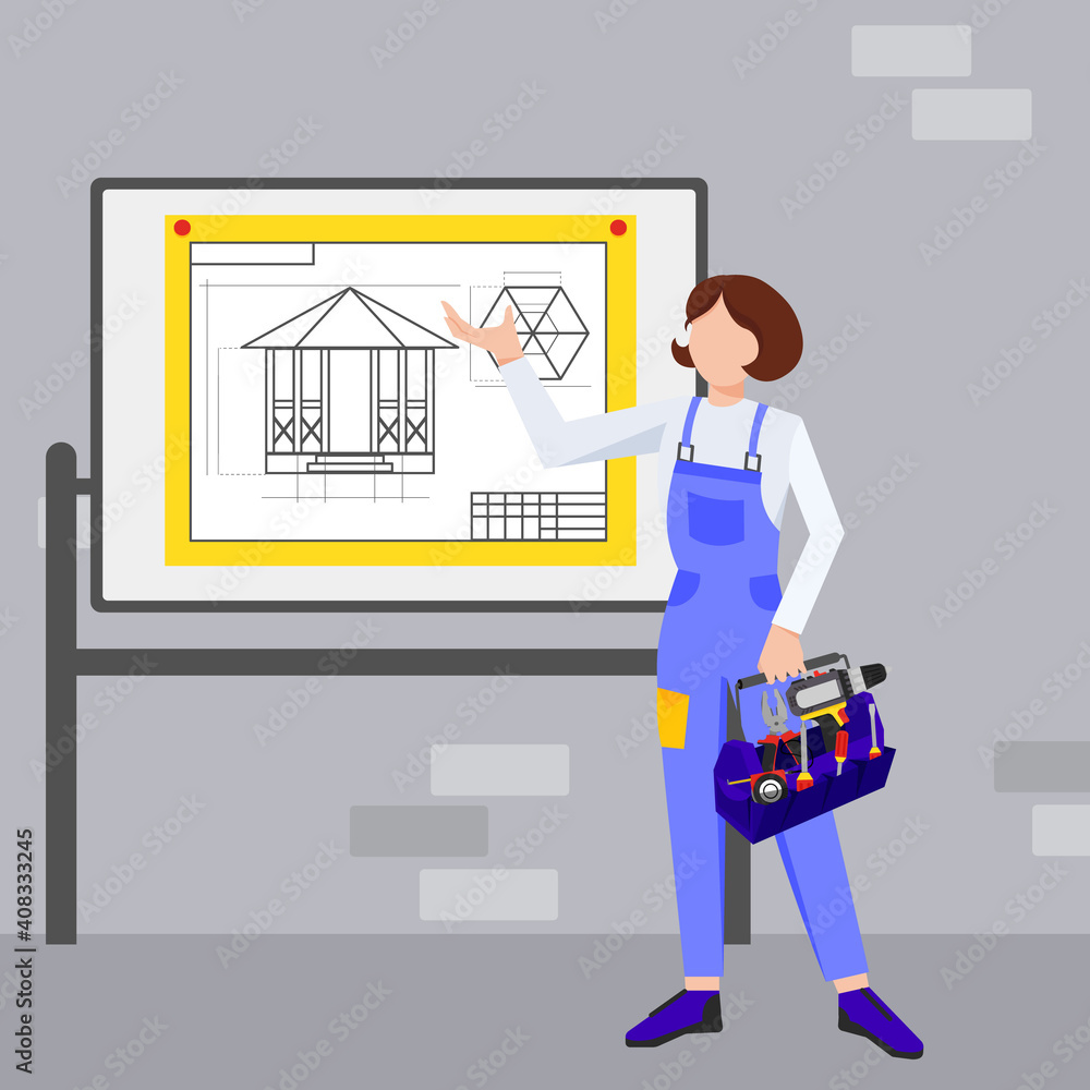 Builder worker woman with a tool box near the drawing of the gazebo. Builders and engineers background Builder worker woman with a tool box near the drawing of the gazebo. Builders and engineers background