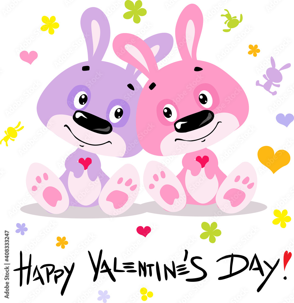 Happy Valentines Day with Cute Bunnies in Love - Flat Design illustration Happy Valentines Day with Cute Bunnies in Love - Flat Design illustration