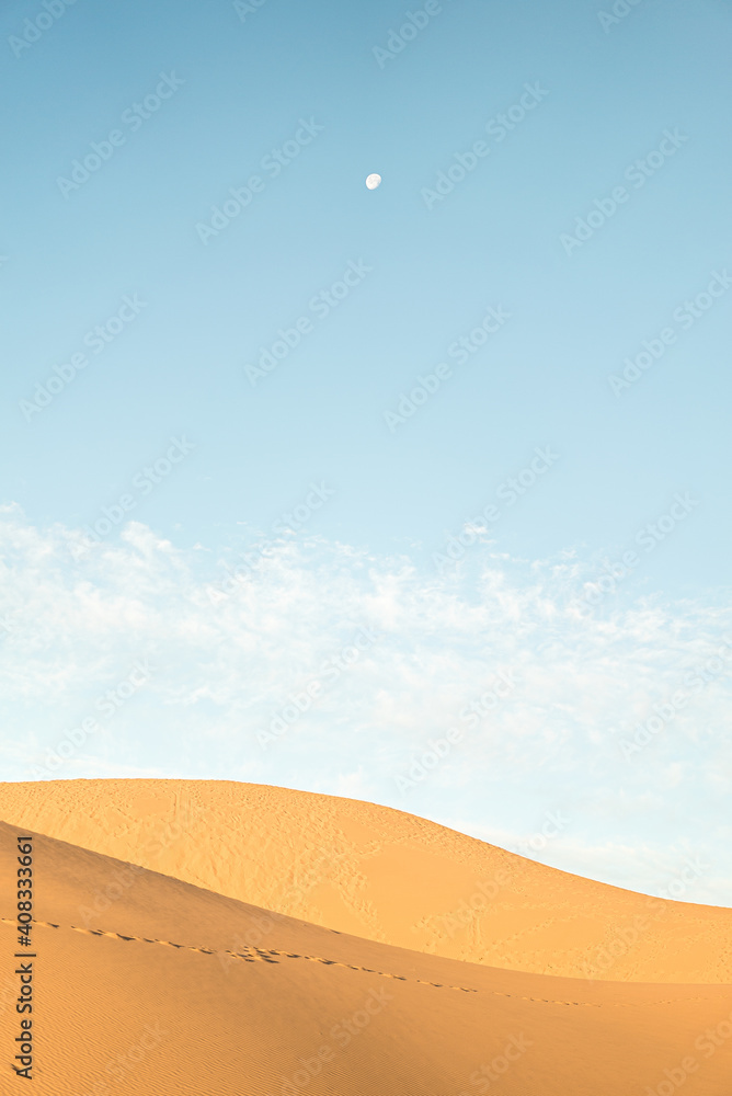 Fototapeta Scenic view of sand dunes with footprints in the Sahara desert, Marocco