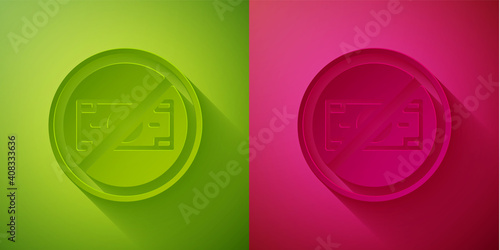 Paper cut No money icon isolated on green and pink background. Prohibition of money. Paper art style. Vector.