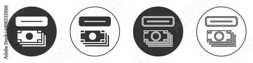 Black ATM - Automated teller machine and money icon isolated on white background. Circle button. Vector.