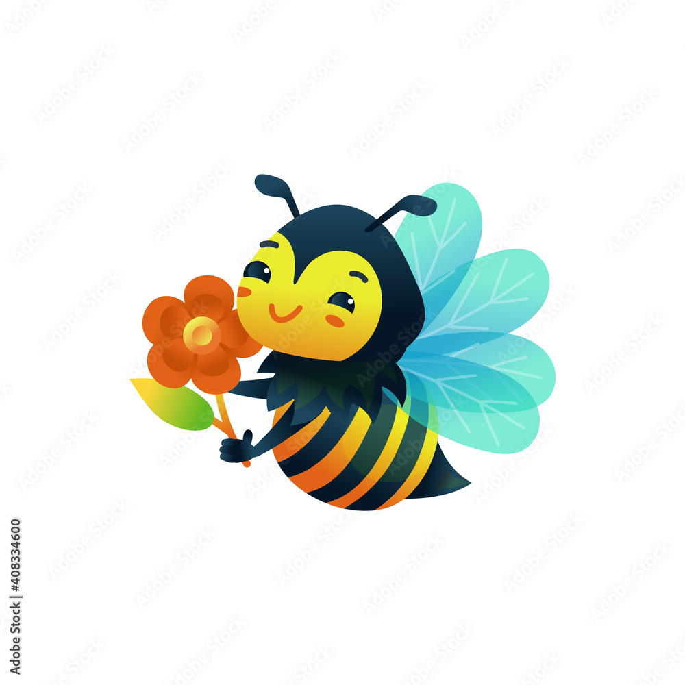 Little bee cartoon character with flower flat vector illustration isolated. Little bee cartoon character with flower flat vector illustration isolated.