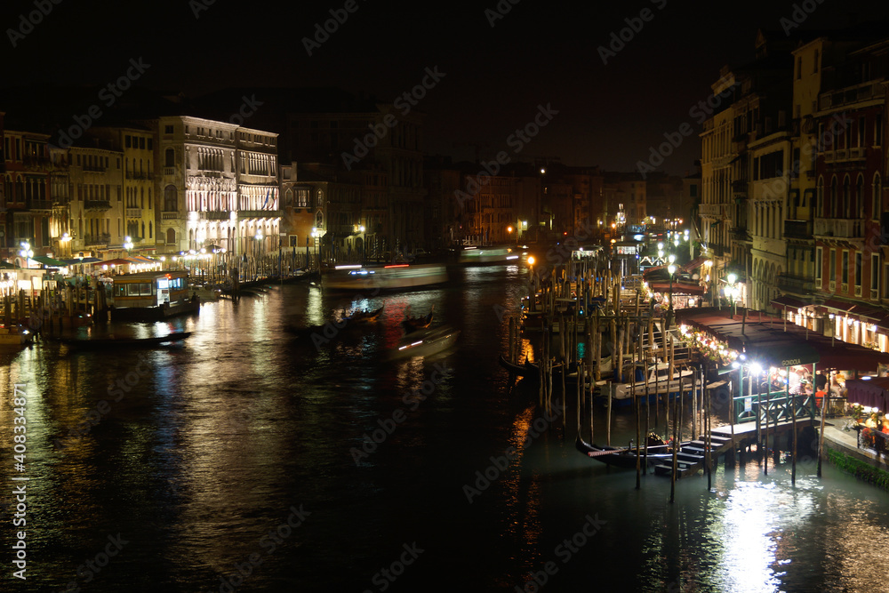 Venice (Italy). Berths and restaurants on the Grand Canal in Venice