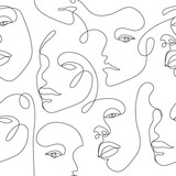 Vector seamless pattern. Continuous line art with woman faces. Linear background. Use for package, cosmetics, decor. Fashion concept, feminine beauty minimalist
