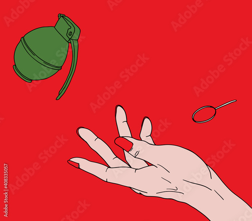 Funny concept illustration of "throw my problems away " woman hand throwing frag grenade, cartoon art symbol, flat - simple and bright pastel color illustration