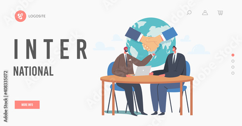 International Partnership Landing Page Template. Delegates Meeting, Spokesmen Shake Hands, Make Agreement, Negotiations