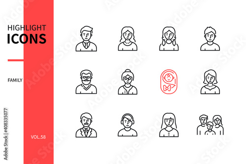 Family members - line design style icons set