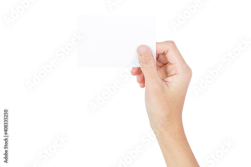 Hand holding white paper isolated on white background