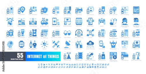 64x64 Pixel Perfect. Internet of Things (IOT). Flat Monochrome Blue Icons Vector. for Website, Application, Printing, Document, Poster Design, etc.