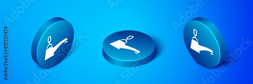 Isometric Water tap icon isolated on blue background. Blue circle button. Vector.