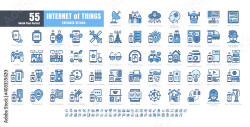 64x64 Pixel Perfect. Internet of Things (IOT). Monochrome Blue Filled Outline Icons Vector. for Website, Application, Printing, Document, Poster Design, etc. Editable Stroke