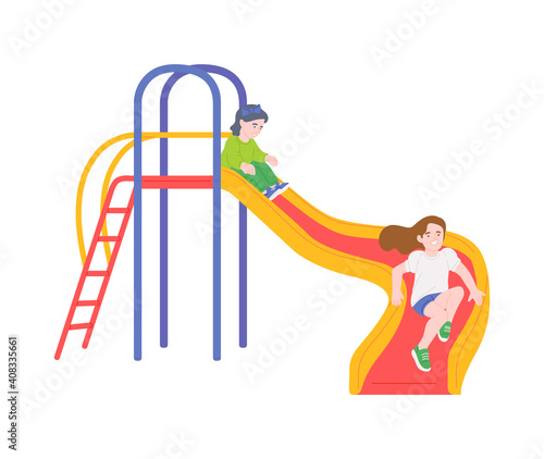 Kids playing on a slide - cartoon children sliding down colorful slide