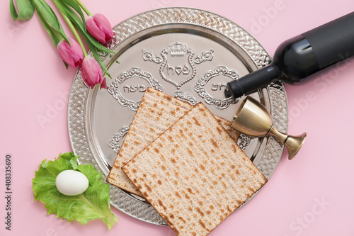 Composition with Passover Seder plate on color background