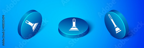 Isometric Rubber plunger with wooden handle for pipe cleaning icon isolated on blue background. Toilet plunger. Blue circle button. Vector.