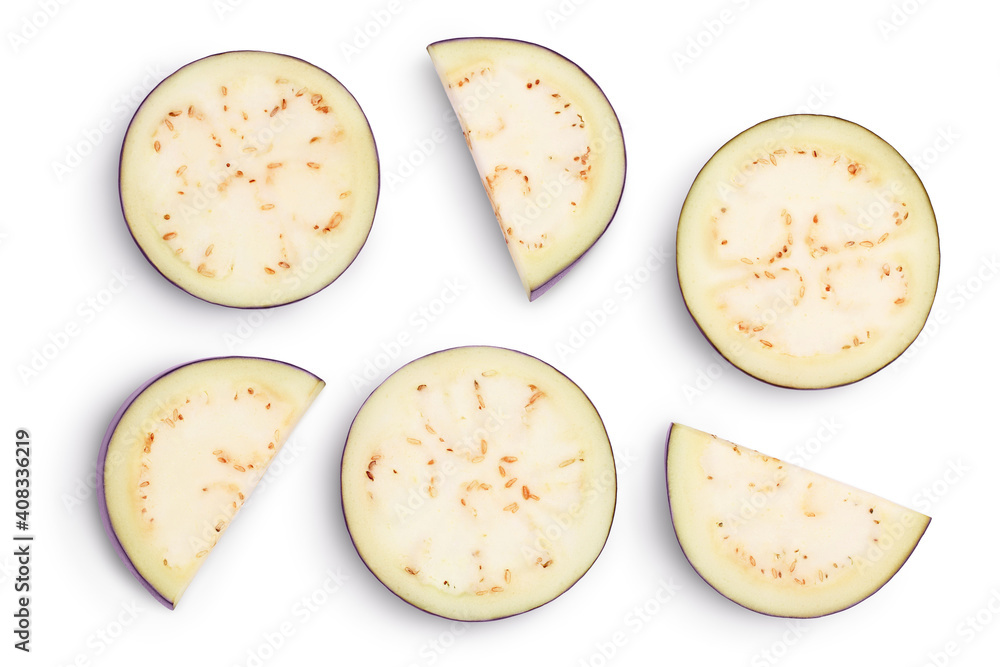 Eggplant or aubergine slices isolated on white background with clipping path and full depth of field. Top view. Flat lay. Eggplant or aubergine slices isolated on white background with clipping path and full depth of field. Top view. Flat lay.